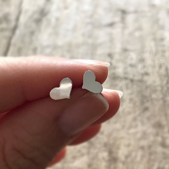 Sterling Silver Flat Heart Stud Earrings for Valentine's Day Gift Idea - Picture 3 of 4